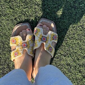 Yellow and Orange Embroidered Sandals